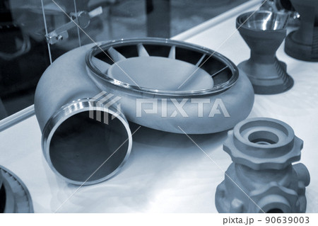 Model object of a large industrial part printed on a 3D printer from metal close-up. New modern progressive additive 3D printing technology. Industry factory plant manufacturing metalwork industrial 90639003