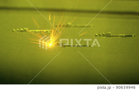 3D printer prints object from metal powder. Metal is sintered under laser into 3D shape in working chamber. Laser sintering machine for metal. Robotics work. Additive manufacturing metal 3D printer 90639946