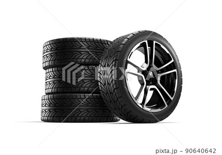 Four car wheels isolated on white background, heap. 3D rendering illustration. Four car wheels isolated on white background, heap. 3D rendering illustration. 90640642