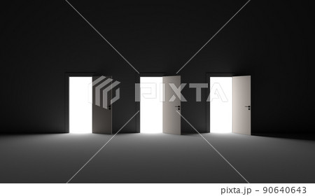 Three open doors in a dark room. 3D rendering illustration. 90640643