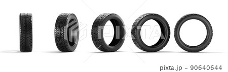 Five car tires on a white background. 3D rendering illustration. 90640644