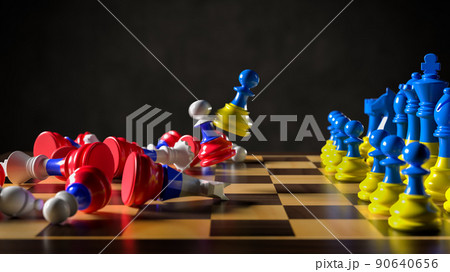 Russia's aggression against Ukraine. Chess in the colors of flags. 3D rendering illustration. 90640656