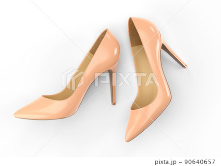 Women's beige shoes isolated on a white background. Top view. 3D rendering illustration. 90640657