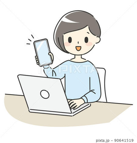 ノートパソコンとスマホで作業をする女性【青】 90641519