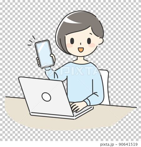 ノートパソコンとスマホで作業をする女性【青】 90641519