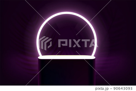 Dark violet room with glowing stage and bright white neon circle 90643093