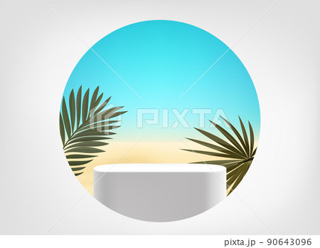 Realistic showcase with podium. Summer coast in a hole. 3d vector mockup with shadow overlay effect 90643096