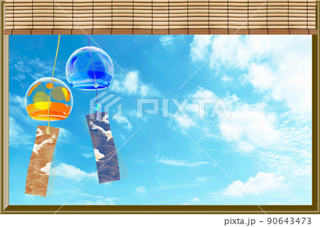 夏の青空にゆれる水玉の風鈴　背景素材 90643473