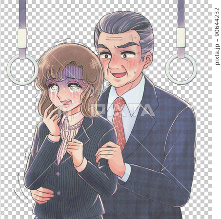 A young woman in a suit who suffers from molesting in an old girl's manga style train 90644232