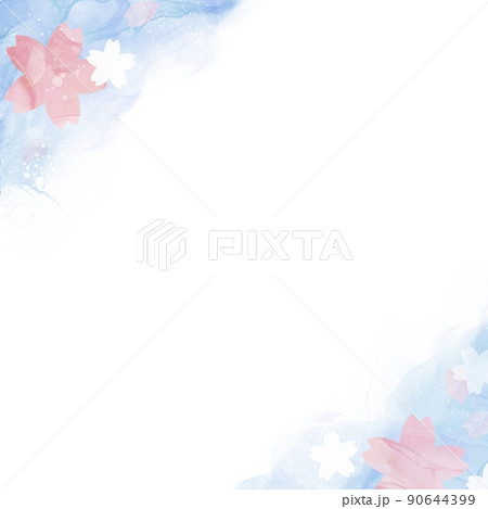 春の和風正方形テンプレート）白背景にアルコールインクの波と桜の花柄　水色　マーブル　水彩 90644399