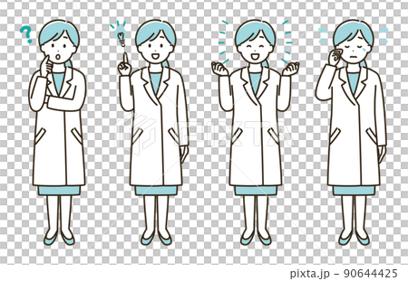 白衣を着た女性の表情バリエーションのイラストセット②（水色バージョン） 90644425