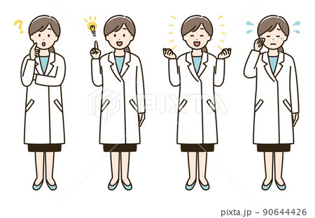 白衣を着た女性の表情バリエーションのイラストセット②（肌色ありバージョン） 90644426
