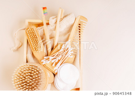 Personal care products made from natural materials.Flat lay of personal care zero waste supplies.Plastic-free concept.Items for hygiene and face and body care made of eco-friendly materials. 90645348