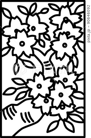 シンプルな花札の線画イラスト　弥生　桜　3月　桜のカス 90646092