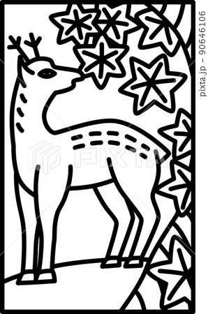 シンプルな花札の線画イラスト　神無月　紅葉　鹿　10月　紅葉に鹿 90646106