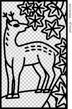 シンプルな花札の線画イラスト　神無月　紅葉　鹿　10月　紅葉に鹿 90646106