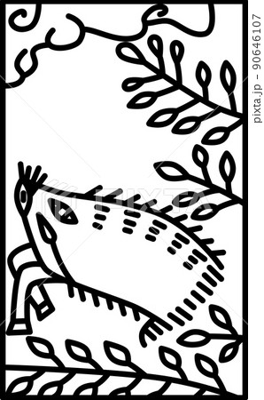 シンプルな花札の線画イラスト　文月　萩　猪　7月　萩に猪 90646107