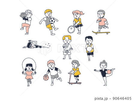 体を動かし元気よく遊ぶ子供たち　さまざまな習い事のセット 90646405