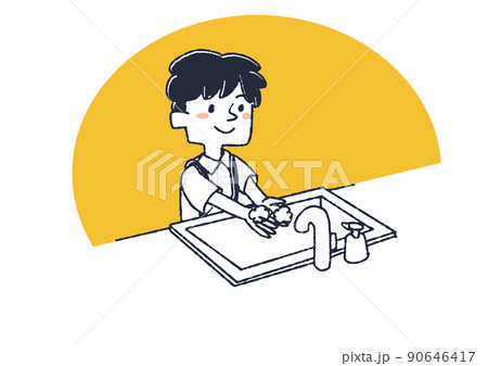 家に帰って手を洗う男の子　子供の1日の習慣　コミカルな手書きの人物　ベクター、温かみのある線画 90646417