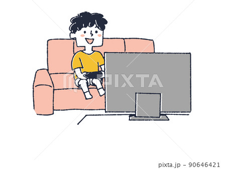 家でゲームをする男の子 子供の1日の習慣 コミカルな手書きの人物 ベクター 温かみのある線画のイラスト素材