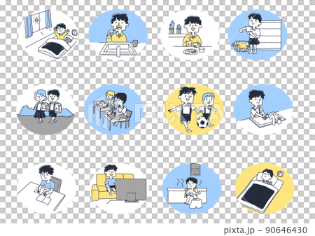 Elementary school boy's daily flow set Comical handwritten person vector, warm line drawing 90646430