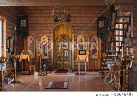 Wooden Church of the Nativity of Christ, interior of a wooden church Wooden Church of the Nativity of Christ, interior of a wooden church 90646497