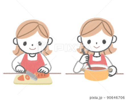 クレヨンペンで描いた料理をする女性 90646706