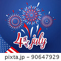 Fourth 4th of July vector background. American Independence Day patriotic banner concept with fireworks, USA flag and lettering text sign on dark blue color backdrop 90647929