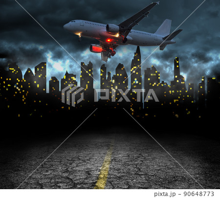 city quarantine and blackout concept with plane 90648773