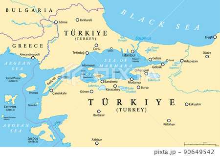 Bosporus and Dardanelles, political map. The Turkish Straits, internationally significant and narrow waterways in Turkey. Passages, connecting the Aegean Sea and the Sea of Marmara with the Black Sea. 90649542