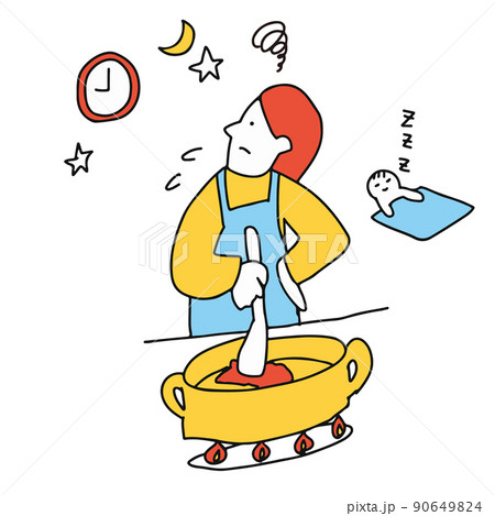 残業する夫を待ちながら家事・育児する女性のイラスト 残業する夫を待ちながら家事・育児する女性のイラスト 90649824