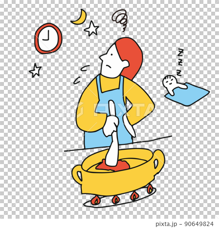 残業する夫を待ちながら家事・育児する女性のイラスト 残業する夫を待ちながら家事・育児する女性のイラスト 90649824