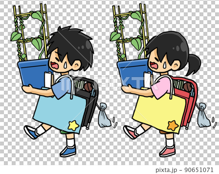 大量の荷物を抱えて帰宅する小学生男女のイラストのイラスト素材