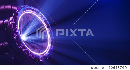 3d rendering sci fi portal with light ray and pink and blue neon light. Concept futuristic background with copy space for text or message. 90653740