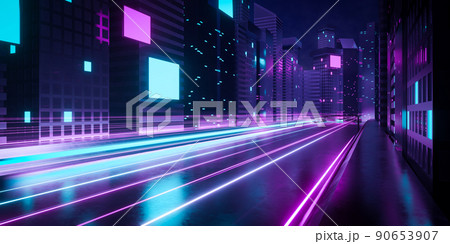 3d rendering futuristic cyberpunk city with blue and pink light trail. Concept sci fi downtown at night with skyscraper, highway and billboards. 3d rendering futuristic cyberpunk city with blue and pink light trail. Concept sci fi downtown at night with skyscraper, highway and billboards. 90653907