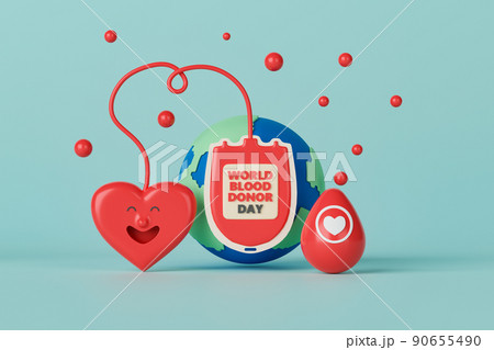 3d rendering world blood donor day illustration with smiling heart, blood bag and earth on light blue background. 90655490