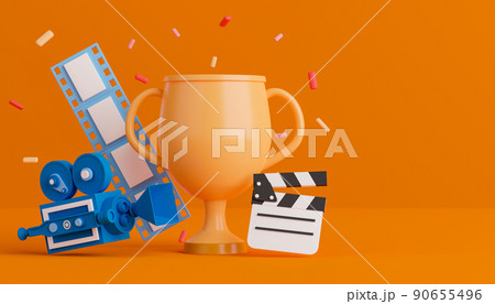 3d rendering concept award for movie illustration. Trophy with filmstrip, cinema camera and movie slate on orange background. 90655496