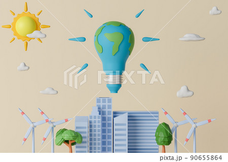 3d rendering concept environment and ecology illustration. City with wind turbines and light bulb shaped earth. 3d rendering concept environment and ecology illustration. City with wind turbines and light bulb shaped earth. 90655864