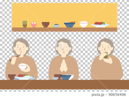 Elderly woman eating a feast 90656406