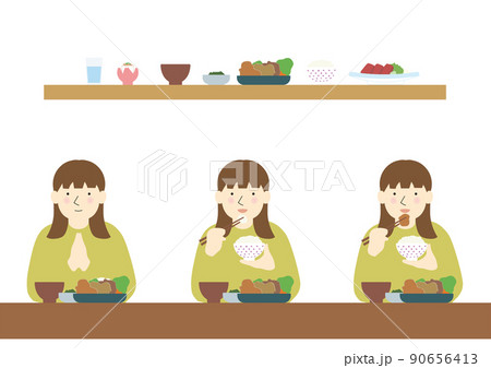 食事をする女の子　いただきます 90656413