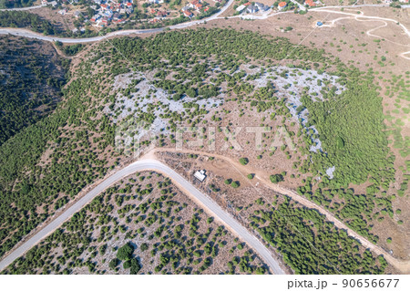 Meandering serpentine road in the mountain. Aerial view. Copter, drone view 90656677