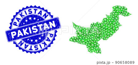 Rosette Textured Stamp and Green Vector Polygonal Pakistan Map mosaic 90658089