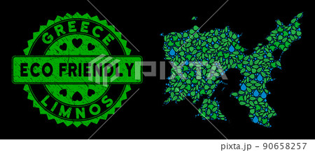 Vector Eco Green Mosaic Limnos Greek Island Map and ECO FRIENDLY Grunge Seal 90658257
