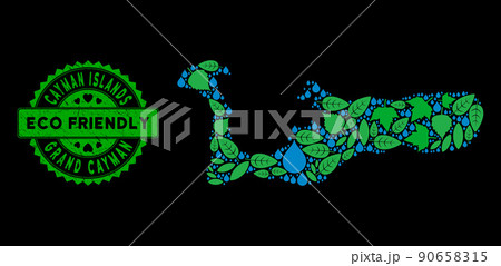 Vector Eco Green Composition Grand Cayman Island Map and ECO FRIENDLY Grunge Stamp Seal 90658315