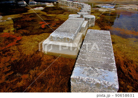能登・九十九湾・のと海洋ふれあいセンター・磯の観察路の所々に設置されている飛び石の歩道・石川県能登町 90658631