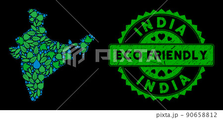 Vector Eco Green Collage India Map and ECO FRIENDLY Scratched Stamp Seal Vector Eco Green Collage India Map and ECO FRIENDLY Scratched Stamp Seal 90658812