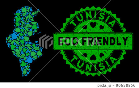 Vector Eco Green Collage Tunisia Map and ECO FRIENDLY Dirty Stamp 90658856