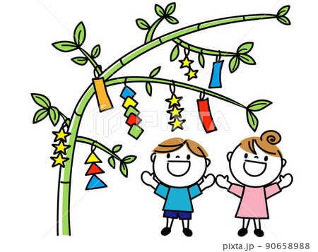 ササの葉に願い事を描いて飾ったり、色とりどりの装飾を見て喜ぶ男子の子と女の子 ササの葉に願い事を描いて飾ったり、色とりどりの装飾を見て喜ぶ男子の子と女の子 90658988