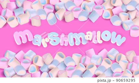 Realistic multi-colored marshmallow on pink background with 3D sign. Colorful blue and pink marshmallows, editable Vector ilustration. Realistic multi-colored marshmallow on pink background with 3D sign. Colorful blue and pink marshmallows, editable Vector ilustration. 90659295