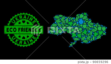 Vector Eco Green Collage Ukraine Map and ECO FRIENDLY Dirty Stamp Seal Vector Eco Green Collage Ukraine Map and ECO FRIENDLY Dirty Stamp Seal 90659296